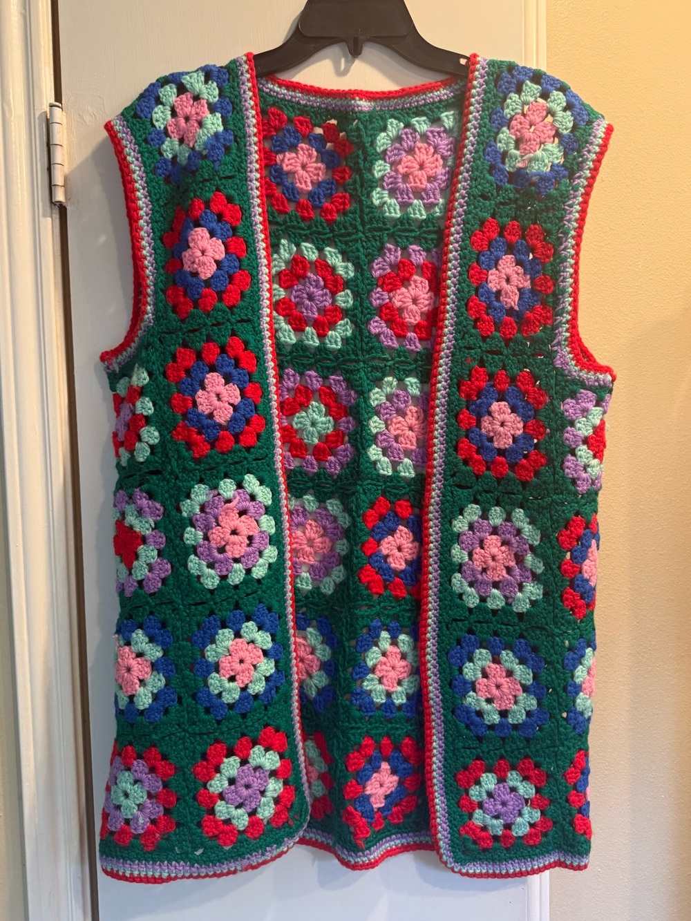 Handmade Crochet Granny Square Long Vest Boho Grandmacore Hippie Festival Green